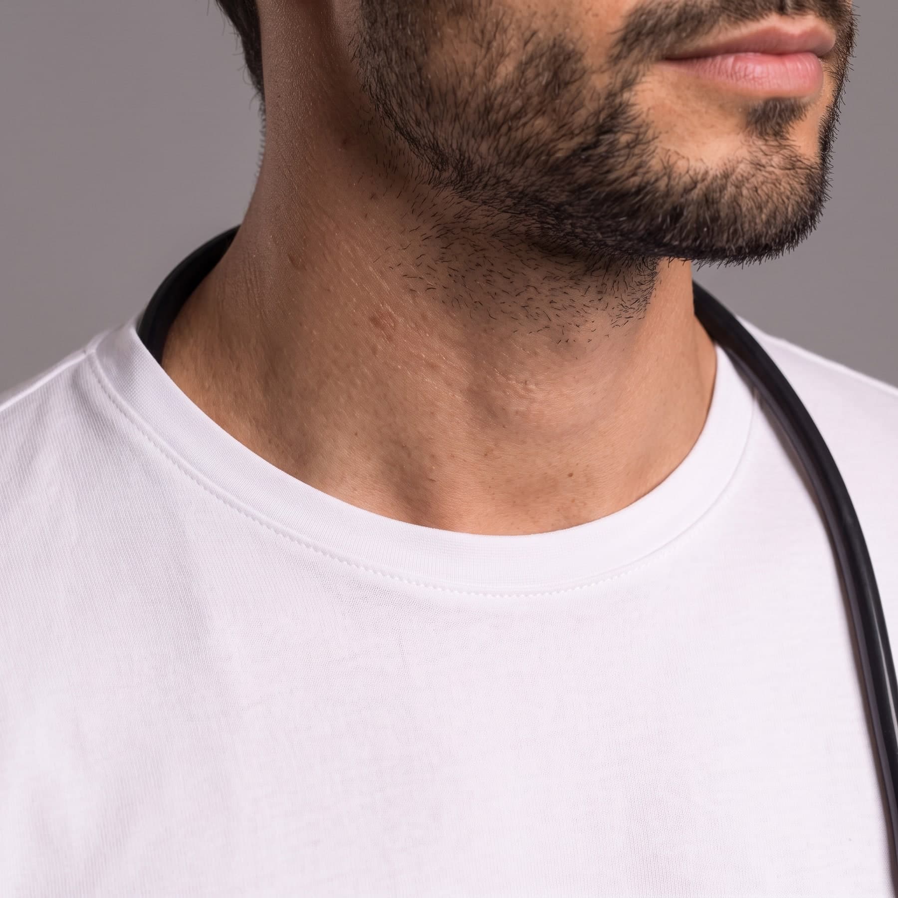 Algodão Egípcio (para consultório) — A gola do algodão egípcio é levemente mais aberta — desenha melhor o pescoço sem jaleco.